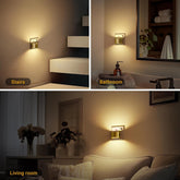 Three scenes showing a wall-mounted light fixture in different rooms: stairs, bathroom, and living room.